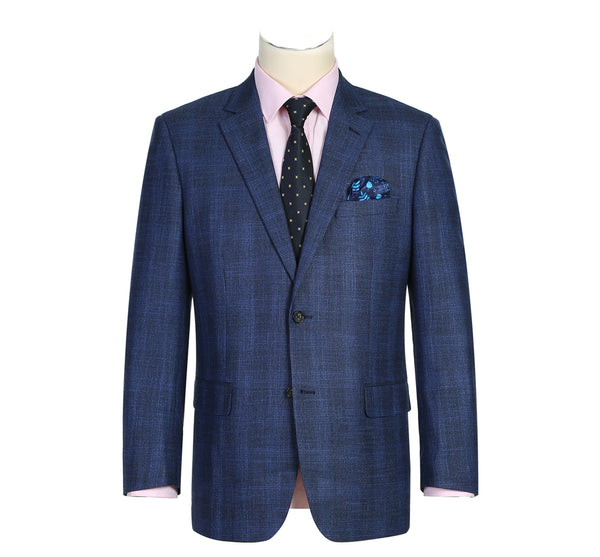 294-5 Men's Classic Fit Single Breasted Two Button Navy Big-Plaid Suit  Jacket Blazer