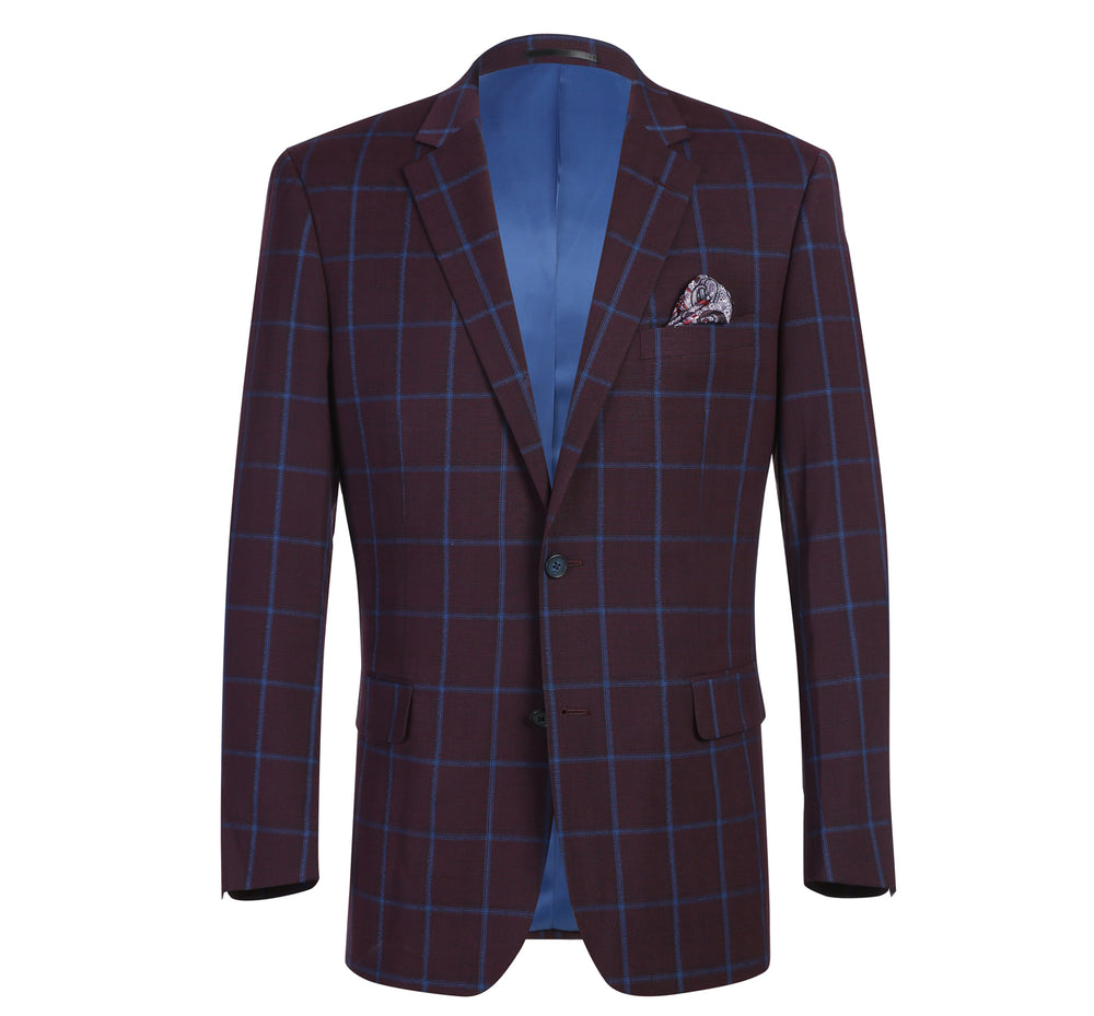 294-6 Men's Slim Fit Two Button Burgundy with Blue Check Blazer Sportcoat