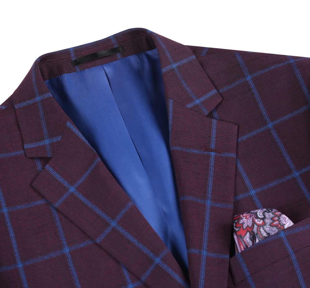 294-6 Men's Slim Fit Two Button Burgundy with Blue Check Blazer Sportcoat