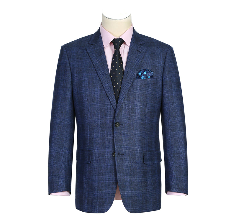 294-5 Men's Classic Fit Single Breasted Two Button Navy Big-Plaid Suit Jacket Blazer
