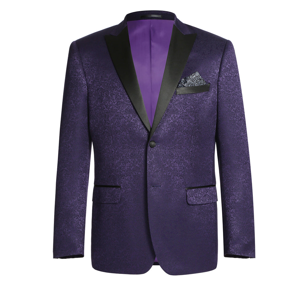 290-3 Men's Slim Fit Peak Lapel Tuxedo Blazer With Embroidered Pattern