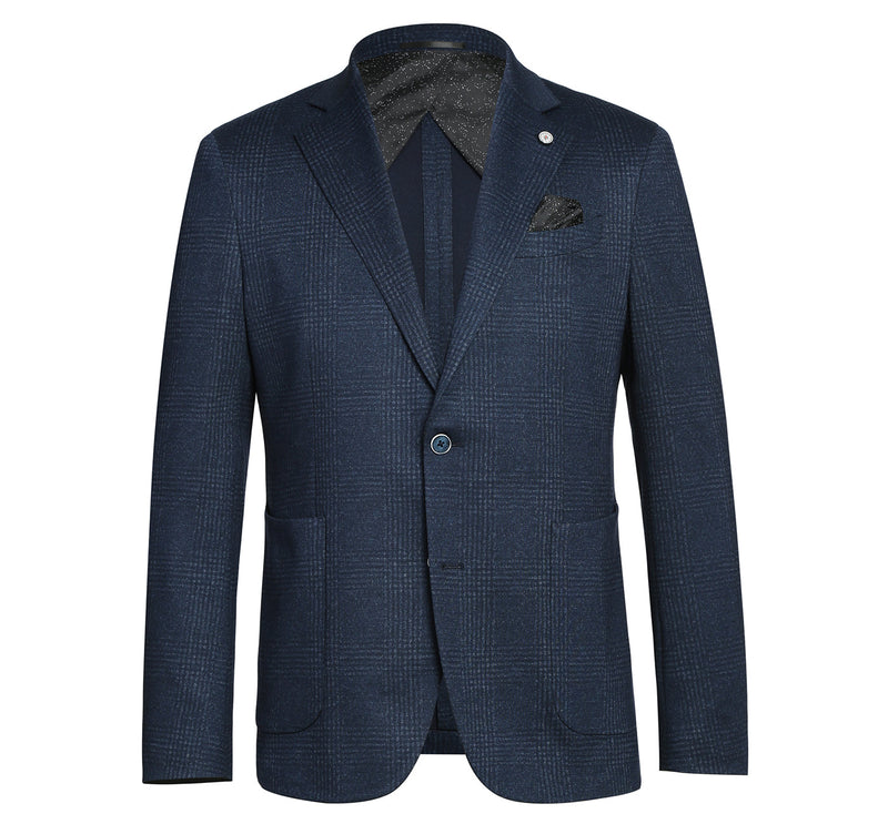PF20-7 Men's Blazer Slim Fit Half Canvas Navy Glen Plaid Sport Coat