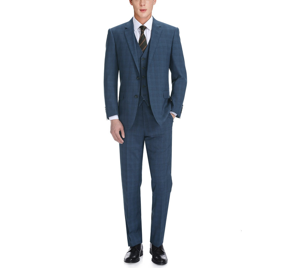 278-2 Men's 3-Piece Classic Fit Single Breasted Windowpane Suit