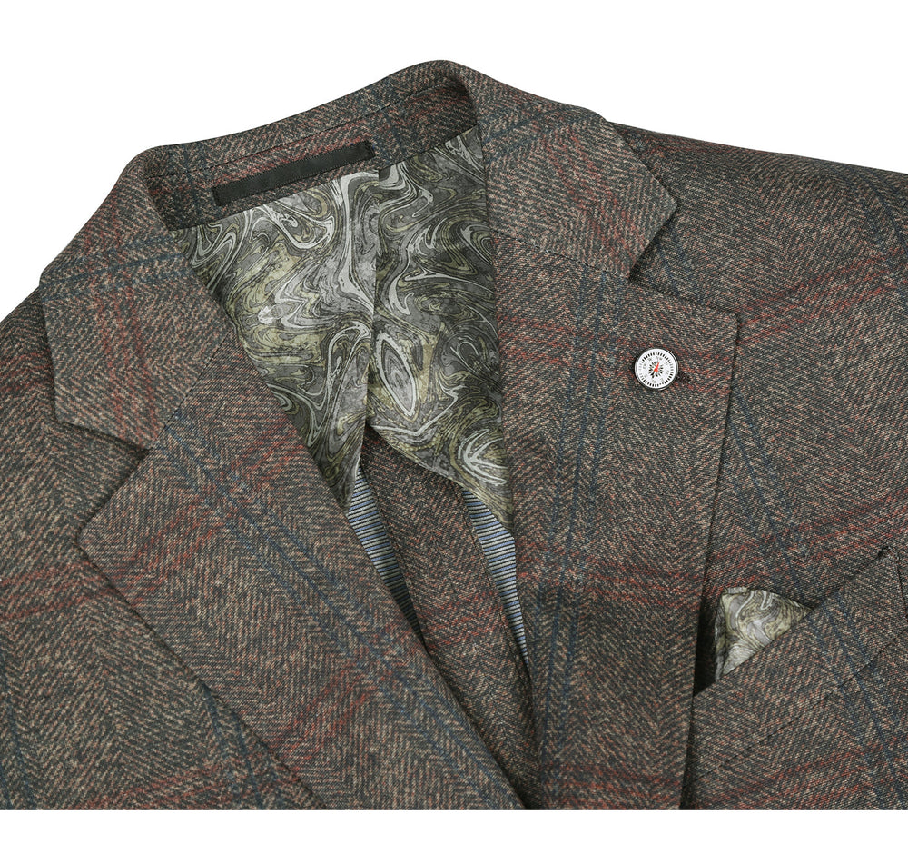 PF20-9 Men's Blazer Slim Fit Half Canvas Brown Windowpane Sport Coat