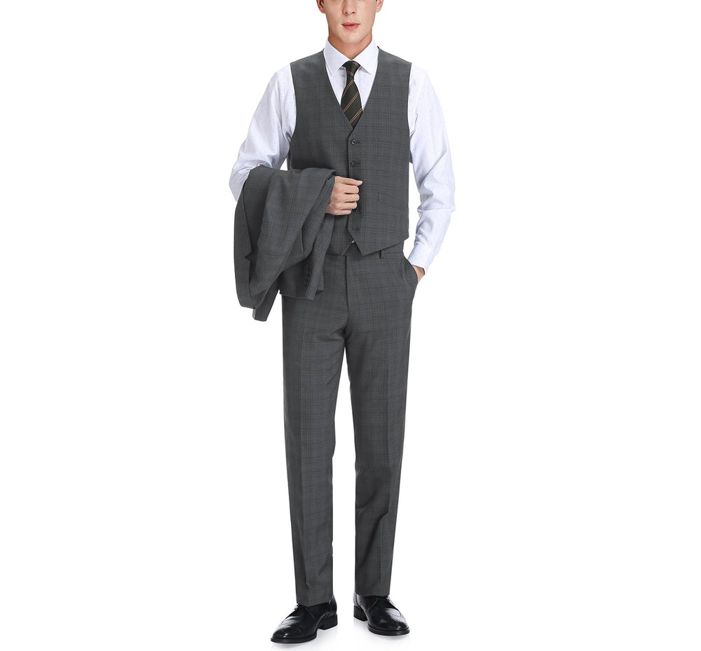 278-1 Men's 3-Piece Classic Fit Single Breasted Windowpane Suit